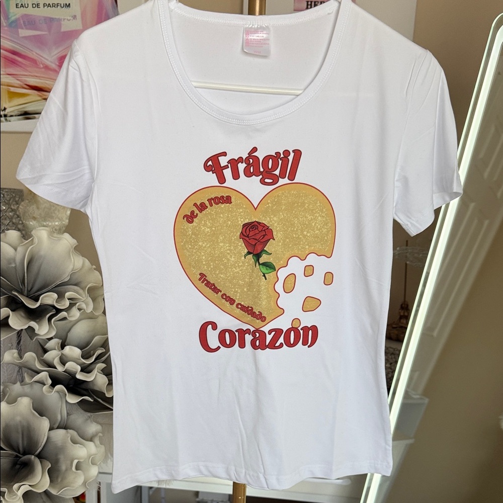 White Graphic Tee with Heart and Rose Design